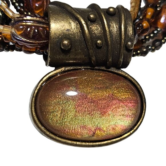 Chicos Seed Beaded Brass Tone Multi Strand Amber Pendant Statement Necklace - Picture 2 of 7